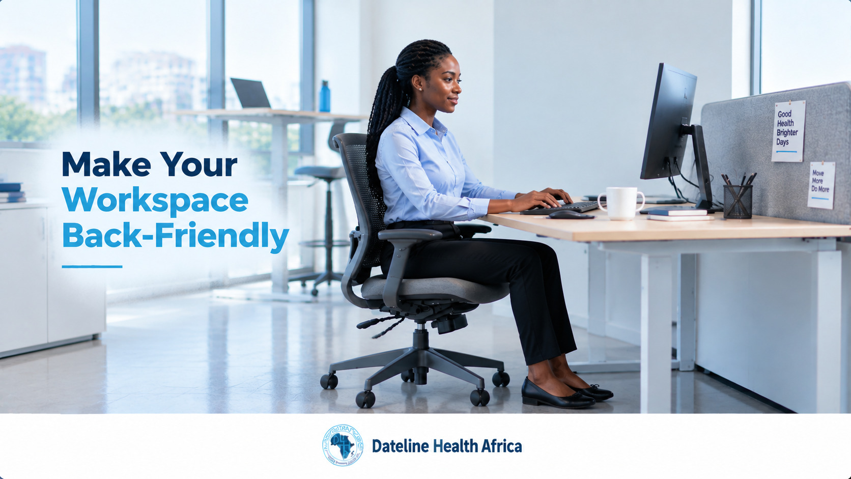An African female office worker seated at a comfortable workspace with a supportive chair and desk, creating a healthier back-friendly working environment. 